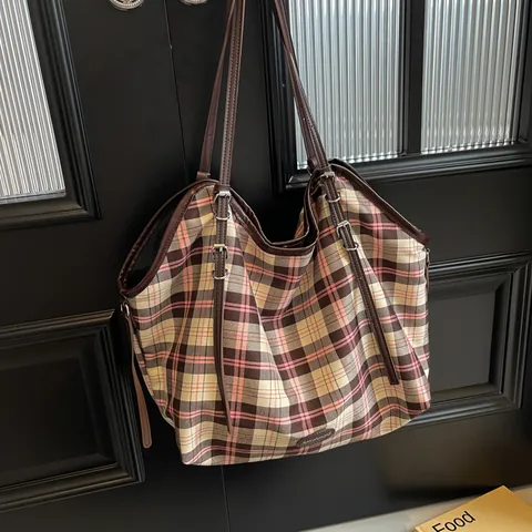 Damen Kariert Leinwand Tote Bag Große Kapazität Polyester Schultertasche Mit PU Ledergriff Kontrastfarbe Handtasche Freizeit Tasche