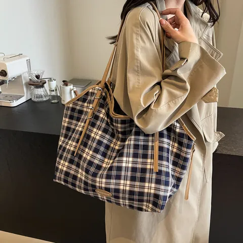 Damen Kariert Leinwand Tote Bag Große Kapazität Polyester Schultertasche Mit PU Ledergriff Kontrastfarbe Handtasche Freizeit Tasche