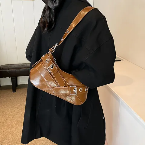 Women Retro Shiny PU Leather Underarm Bag Vintage Y2K Punk Shoulder Bag With Metal Buckle Grommet Fashion Crossbody Bag