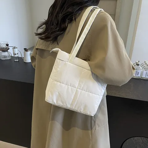 Women Quilted Puffer Tote Bag Cotton Padded Lightweight Small Square Handbag Solid Color Casual Shoulder Bag For Daily Use