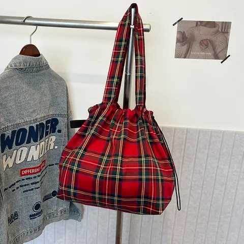 Vintage Καρό Τσάντα Tote Μεγάλης Χωρητικότητας Με Κορδόνι Γυναικεία Καμβά Τυπωμένη Τσάντα Πουγκί Ώμου Καθημερινή Χρήση