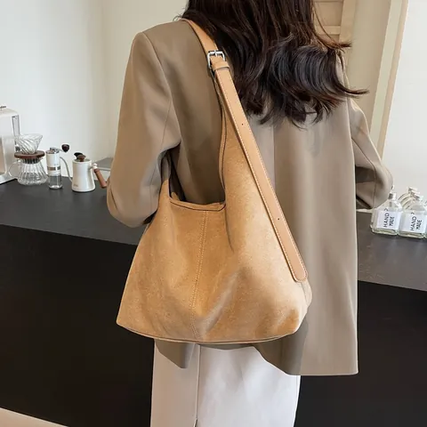 Grand Sac Hobo en Daim Vintage Sac à Épaule Fourre-Tout pour Femme Avec Bandoulière Réglable Couleur Unie Minimaliste