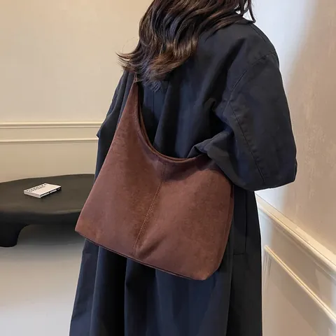 Grand Sac Hobo en Daim Vintage Sac à Épaule Fourre-Tout pour Femme Avec Bandoulière Réglable Couleur Unie Minimaliste