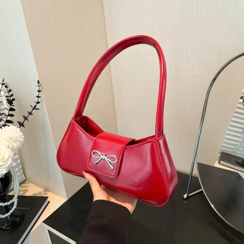 Borsa Sottobraccio da Donna con Fiocco alla Moda Borsa a Tracolla Minimalista in Pelle PU Tinta Unita Borsa a Bauletto Casual