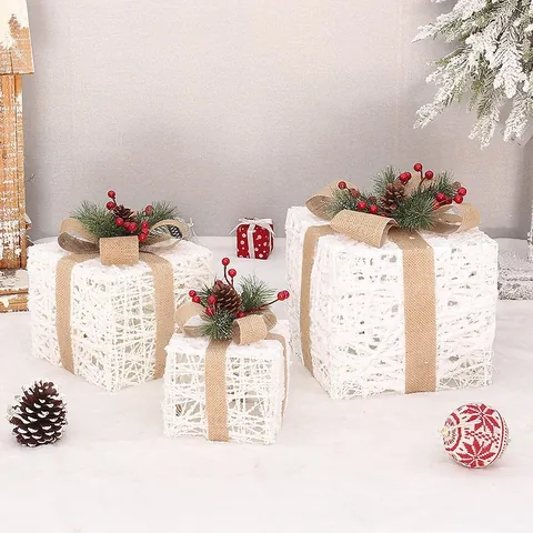 Cajas De Regalo Luminosas Navidad Decoración Malla Hierro LED Luces Con Lazo Aguja Pino Baya Adorno Festivo