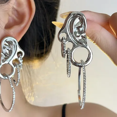Pendientes de Botón Vintage de Aleación con Forma de Oreja y Strass Poste de Plata de Ley 925 Joyería de Vanguardia Mujer