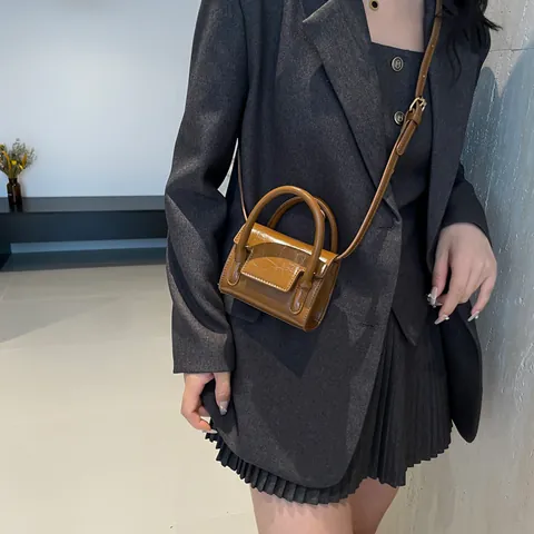 Mini Borsa a Mano da Donna Pelle PU Lucida Patta Borsa a Tracolla Doppio Manico Piccola Borsa Quadrata Moda Tinta Unita