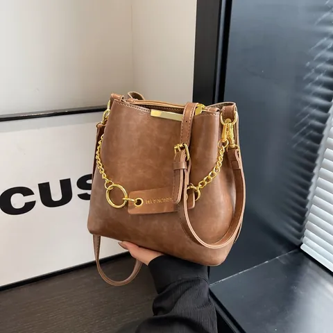 Damen Retro Beuteltasche Große Kapazität PU Leder Goldkette Deko Vintage Umhängetasche Vielseitige Crossbody Tasche Alltag