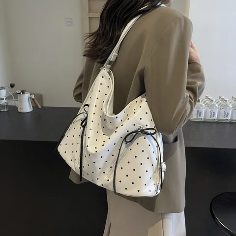 Damen Mode Polka Dot Tragetasche Große Kapazität PU Leder Umhängetasche Mit Schleife Dekoration Mehrzweck Alltag Rucksack