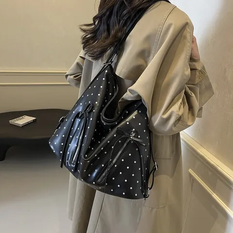 Damen Mode Polka Dot Tragetasche Große Kapazität PU Leder Umhängetasche Mit Schleife Dekoration Mehrzweck Alltag Rucksack