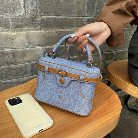 Bolso de Caja de Cuero PU con Textura de Mezclilla Vintage Mujer Diseño de Bolsillo Bolso de Hombro Para Uso Diario