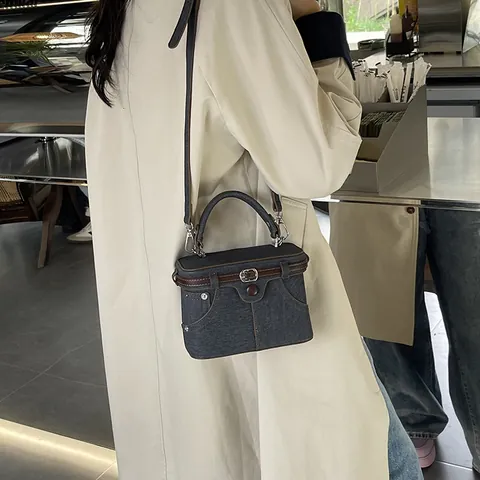 Bolso de Caja de Cuero PU con Textura de Mezclilla Vintage Mujer Diseño de Bolsillo Bolso de Hombro Para Uso Diario