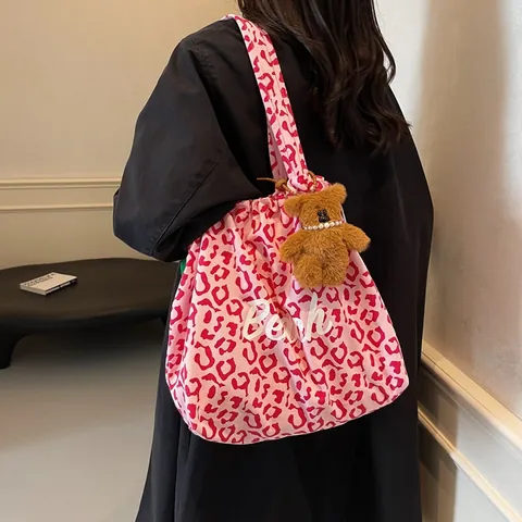 Leopardenmuster Canvas Denim Tragetasche Damen Große Kapazität Einkaufen Umhängetasche Mit Plüsch Bär Anhänger Strand Handtasche