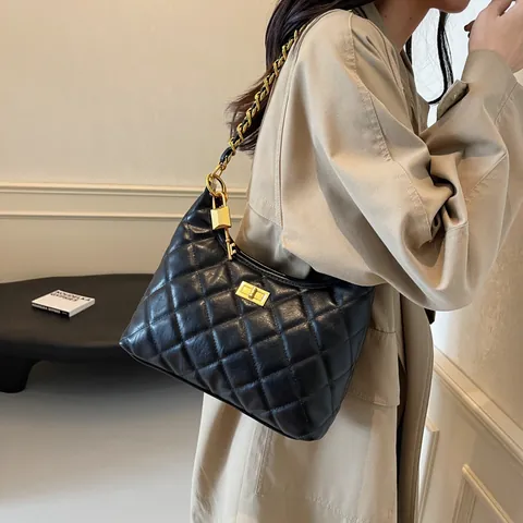 Borsa a Tracolla Trapuntata a Rombi da Donna in Pelle PU di Lusso Catena d'Oro Borsa a Spalla Con Chiusura a Girello