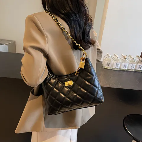 Borsa a Tracolla Trapuntata a Rombi da Donna in Pelle PU di Lusso Catena d'Oro Borsa a Spalla Con Chiusura a Girello