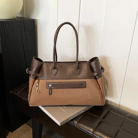 Γυναικεία Τσάντα Tote Μεγάλης Χωρητικότητας Nylon PU Patchwork Μινιμαλιστική Τσάντα Ώμου Μετακίνησης Ραφή Τσέπη Με Φερμουάρ Σχέδιο Ταξιδιού