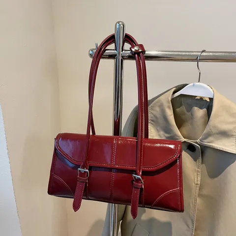 Bolso de Hombro de Axila de Cuero Genuino Encerado Vintage para Mujer Bolso Baguette Rectangular con Hebilla Bolso de Diario