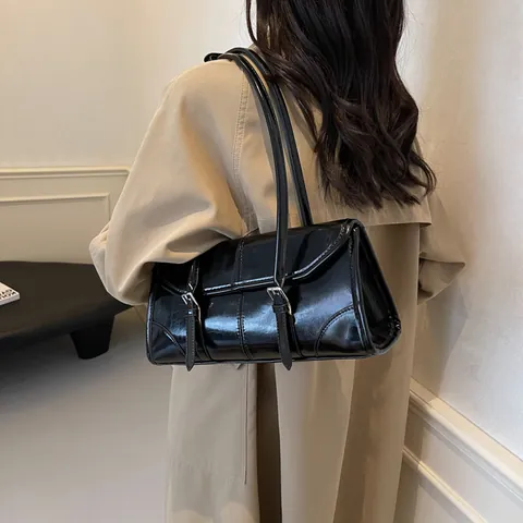 Bolso de Hombro de Axila de Cuero Genuino Encerado Vintage para Mujer Bolso Baguette Rectangular con Hebilla Bolso de Diario