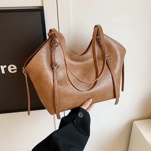Bolso Tote de Gran Capacidad de Cuero PU para Mujer Minimalista Vintage Color Sólido Bolso de Hombro para Oficina Diario