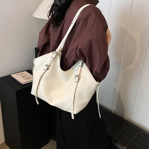 Bolso Tote de Gran Capacidad de Cuero PU para Mujer Minimalista Vintage Color Sólido Bolso de Hombro para Oficina Diario
