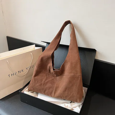 Vintage Maillard Brown Faux Suede Large Capacity Tote Bag For Women Minimalist Stitching Hobo Shoulder Bag Handbag