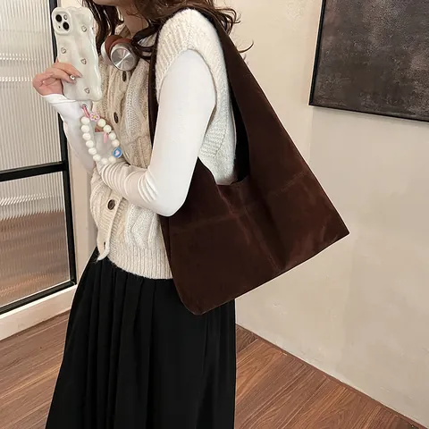 Vintage Maillard Brown Faux Suede Large Capacity Tote Bag For Women Minimalist Stitching Hobo Shoulder Bag Handbag