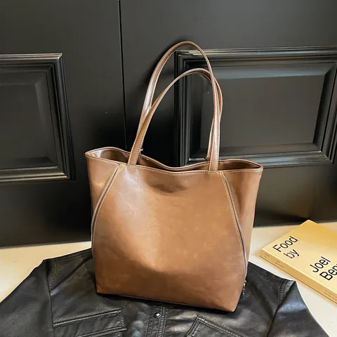 Vintage Large Capacity PU Leather Tote Bag With Side Zippers Contrast Stitching Women Retro Shoulder Bag Casual Commuter Handbag