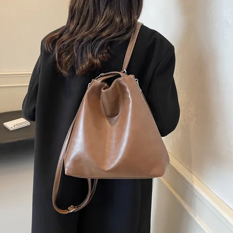 Vintage Large Capacity PU Leather Tote Bag With Side Zippers Contrast Stitching Women Retro Shoulder Bag Casual Commuter Handbag