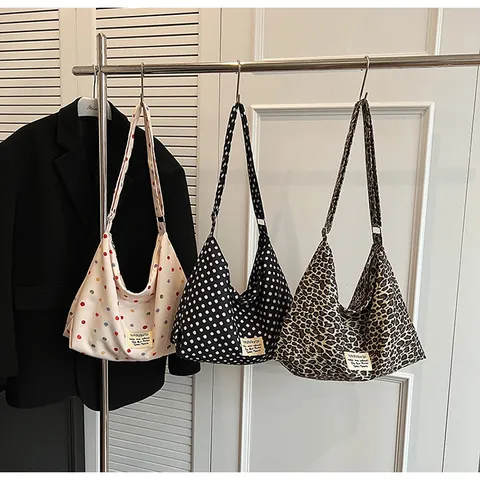 Bolso de Hombro de Lona Estilo Coreano con Estampado de Leopardo y Lunares Bolso Hobo de Gran Capacidad Con Correa Ajustable Tote Casual Para Mujer