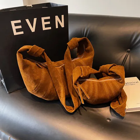 Borsa a Mezzaluna Effetto Scamosciato Retrò Per Donna Grande Capacità Tracolla Annodata Minimalista Borsa Hobo Croissant