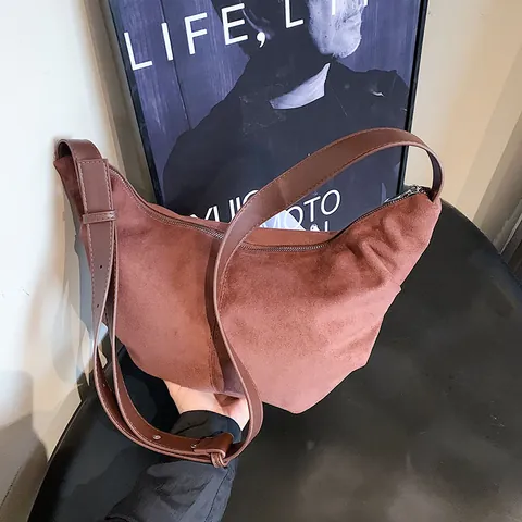 Women Suede PU Crescent Hobo Bag Vintage Large Capacity Crossbody Shoulder Bag With Adjustable Strap Solid Color Minimalist Purse