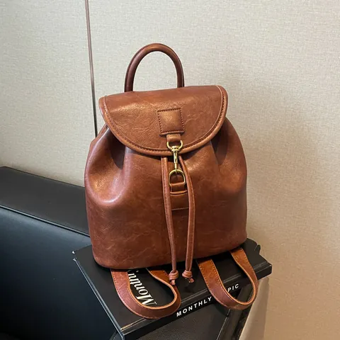 Vintage PU Leather Drawstring Backpack For Women Korean Style Niche Design Large Capacity Flip Cover Schoolbag Travel Bag