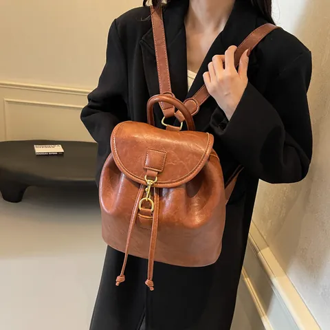 Vintage PU Leather Drawstring Backpack For Women Korean Style Niche Design Large Capacity Flip Cover Schoolbag Travel Bag