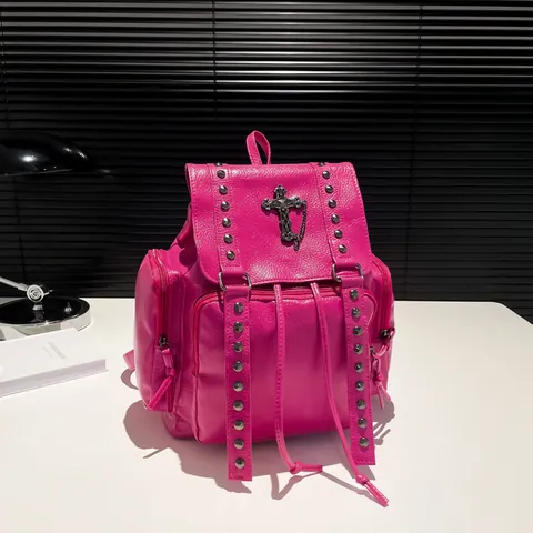 Gothic Cross Rivet PU Leather Backpack For Women Large Capacity Punk Style Drawstring Travel School Bag