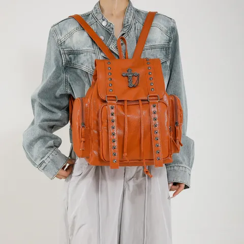 Gothic Cross Rivet PU Leather Backpack For Women Large Capacity Punk Style Drawstring Travel School Bag