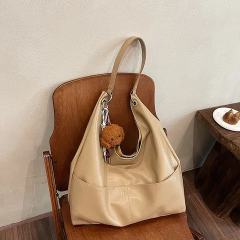 Large Capacity PU Leather Tote Bag Minimalist Commuter Shoulder Bag With Plush Pendant Satin Scarf For Women Everyday Use
