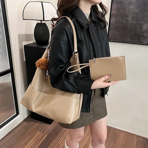 Large Capacity PU Leather Tote Bag Minimalist Commuter Shoulder Bag With Plush Pendant Satin Scarf For Women Everyday Use