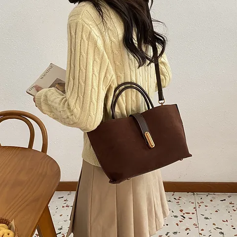 Women Vintage Frosted Suede Texture Tote Bag High Quality Retro Commuter Handbag Elegant Shoulder Crossbody Bag With Gold Buckle