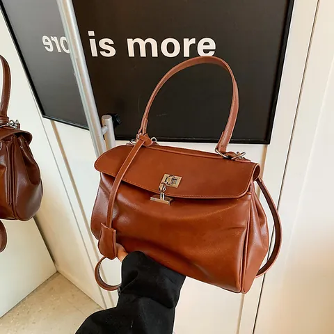 Damen PU Leder Tragetasche Vintage Plissierte Schultertasche Mit Metall Drehverschluss Minimalistische Henkeltasche Für Den Alltag