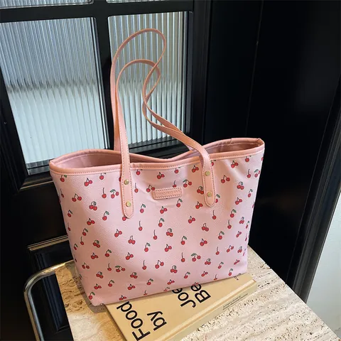 Borsa Tote in Pelle PU da Donna con Stampa a Ciliegie Fiori e Fiocchi Grande Capacità Borsa a Spalla Casual Quotidiana Borsa Sottobraccio Trendy