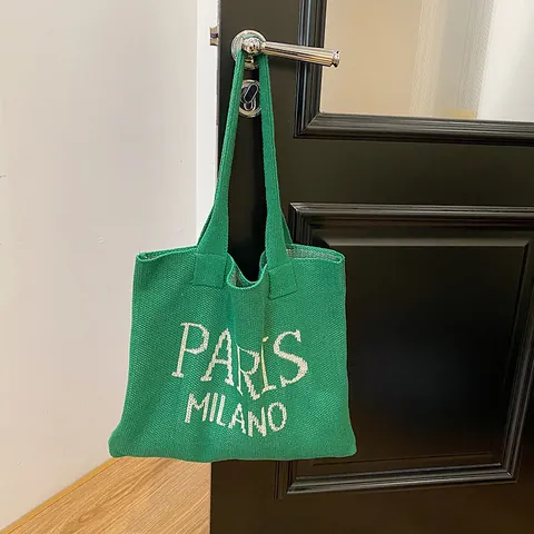 Bolso Tote de Punto para Mujer Gran Capacidad Paris Milano Jacquard de Letras Bolso de Hombro Casual de Punto de Algodón Moda