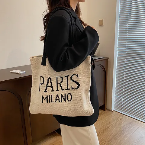 Bolso Tote de Punto para Mujer Gran Capacidad Paris Milano Jacquard de Letras Bolso de Hombro Casual de Punto de Algodón Moda