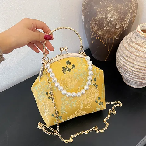 Women Vintage Chinese Style Embroidered Satin Evening Bag With Pearl Handle Gold Metal Kiss Lock Frame Crossbody Bag Party Handbag