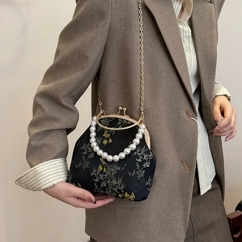 Women Vintage Chinese Style Embroidered Satin Evening Bag With Pearl Handle Gold Metal Kiss Lock Frame Crossbody Bag Party Handbag