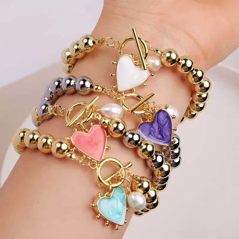 18K Gold Plated Copper Freshwater Pearl Bracelet For Women Enamel Heart Pendant Metal Bead Chain OT Clasp ins Style Fashion Jewelry Gift