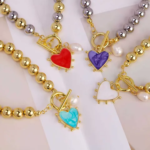 18K Gold Plated Copper Freshwater Pearl Bracelet For Women Enamel Heart Pendant Metal Bead Chain OT Clasp ins Style Fashion Jewelry Gift