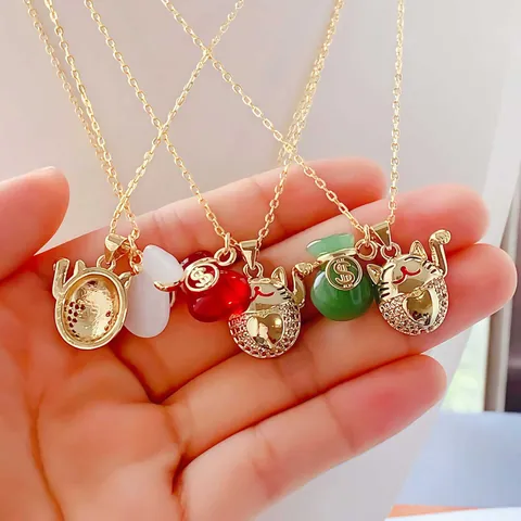 18K Verguld Koper Gelukskat Gelukszak Hanger Ketting Met Zirkonia Vintage Nieuwe Chinese Stijl Sieraden Cadeau Voor Vrouwen