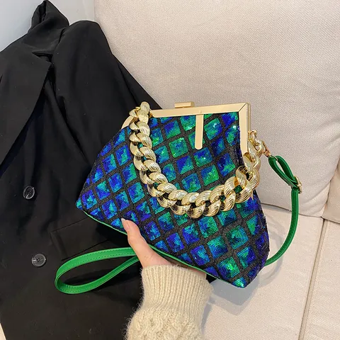 Sac à Main Femme à Paillettes Treillis en Diamant Avec Chaîne Dorée Sac en Bandoulière Vintage Sac à Épaule en Cuir PU