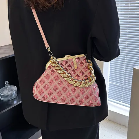 Sac à Main Femme à Paillettes Treillis en Diamant Avec Chaîne Dorée Sac en Bandoulière Vintage Sac à Épaule en Cuir PU