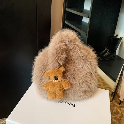 Women Soft Faux Fur Tote Bag Winter Plush Handbag With Bear Pendant Fuzzy Top Handle Bag For Daily Use Office Work Fashion
